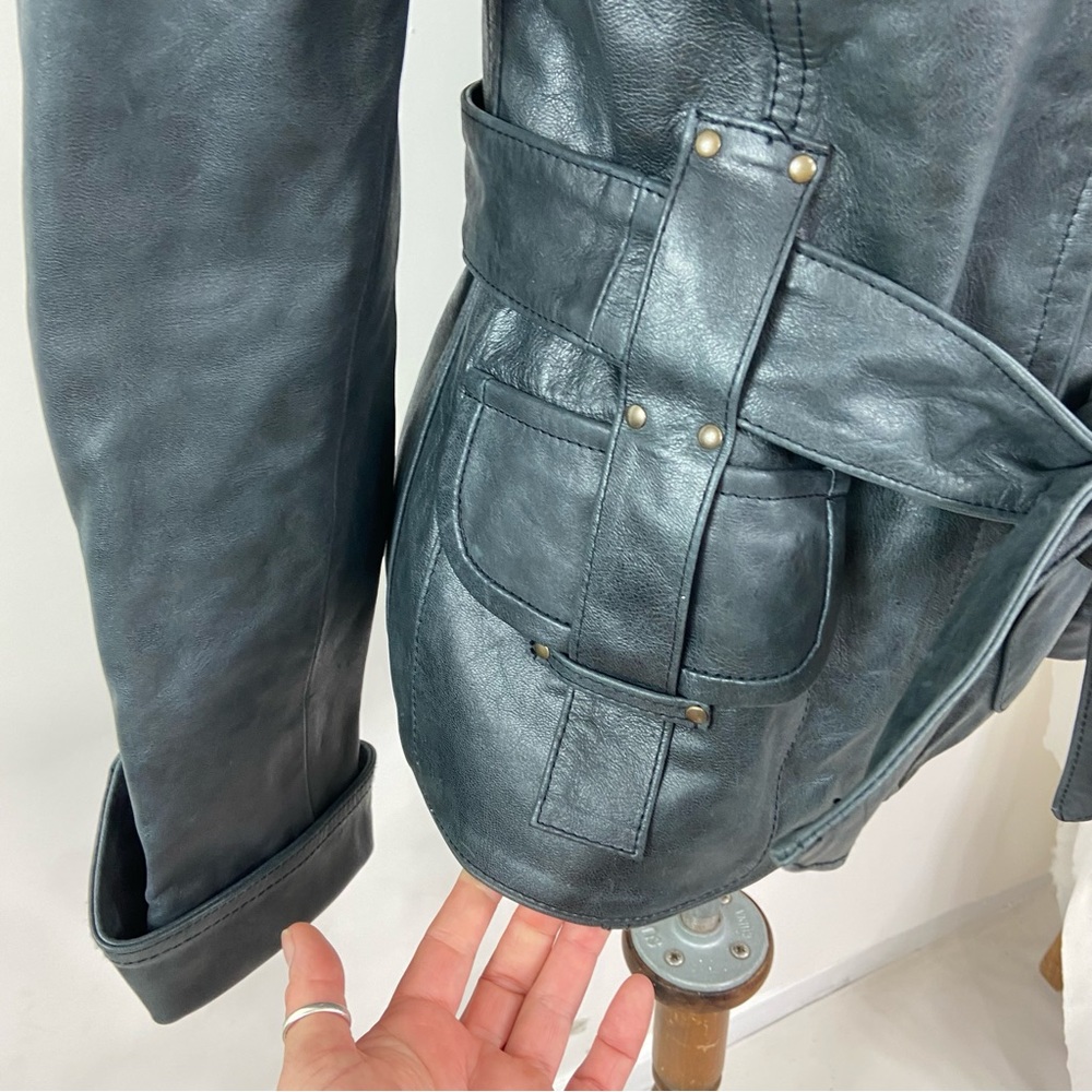 Vincent’s charcoal gray black belted leather moto biker jacket. - Picture 14 of 15